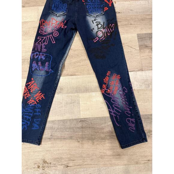 Blue Connection Distressed Graffiti Jeans Womens 15 Blue Denim 5 Pockets Preppy - Picture 13 of 13